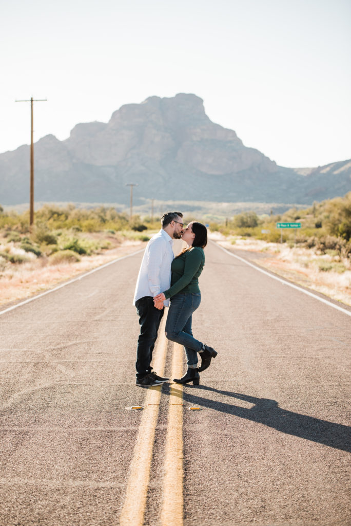Salt river arizona engagement session kiss in street