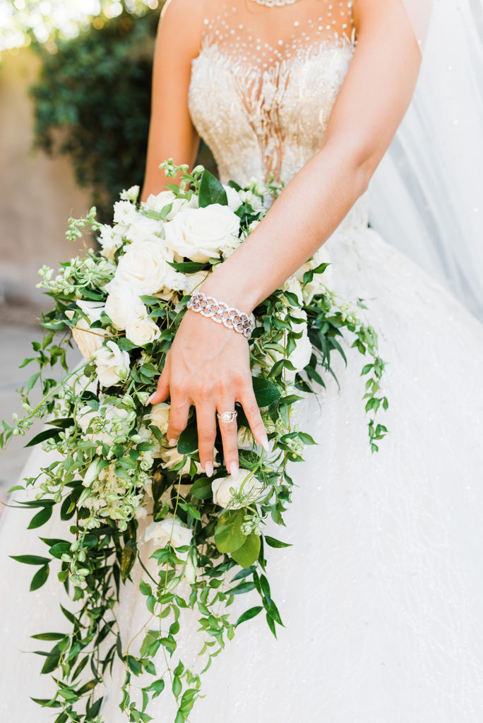 Bridal jewelry on bridal bouquet 