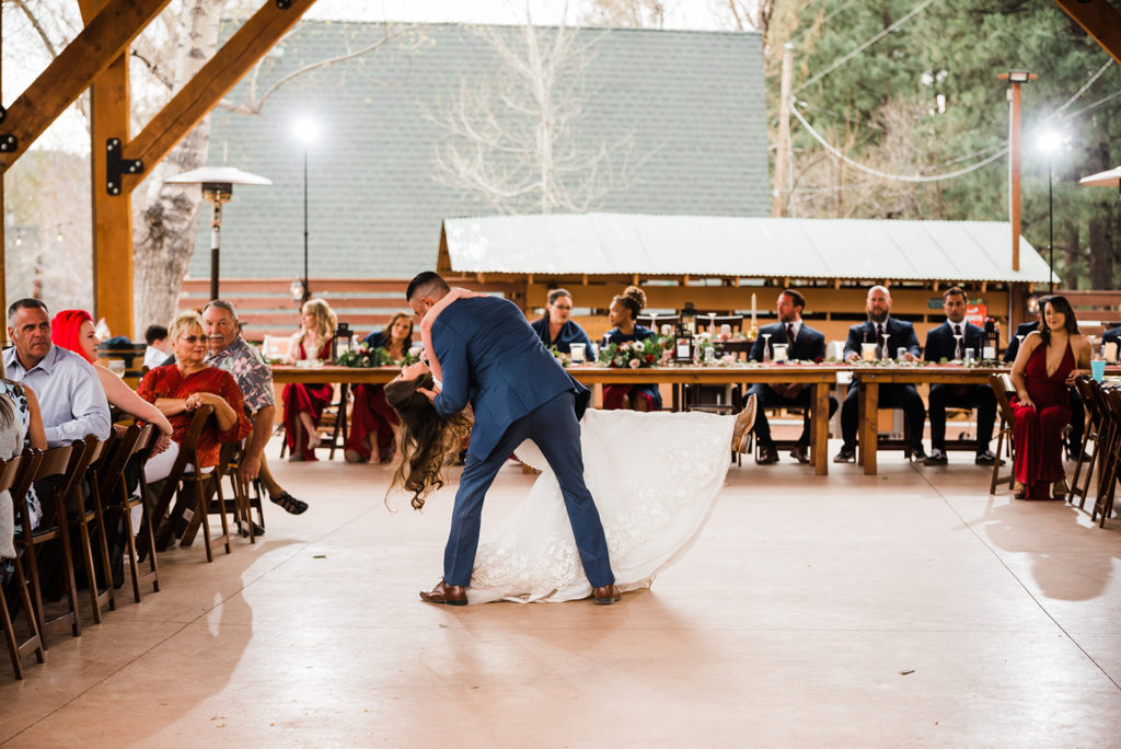 bride and groom dipping during dance at Cabins on Strawberry Hill Wedding