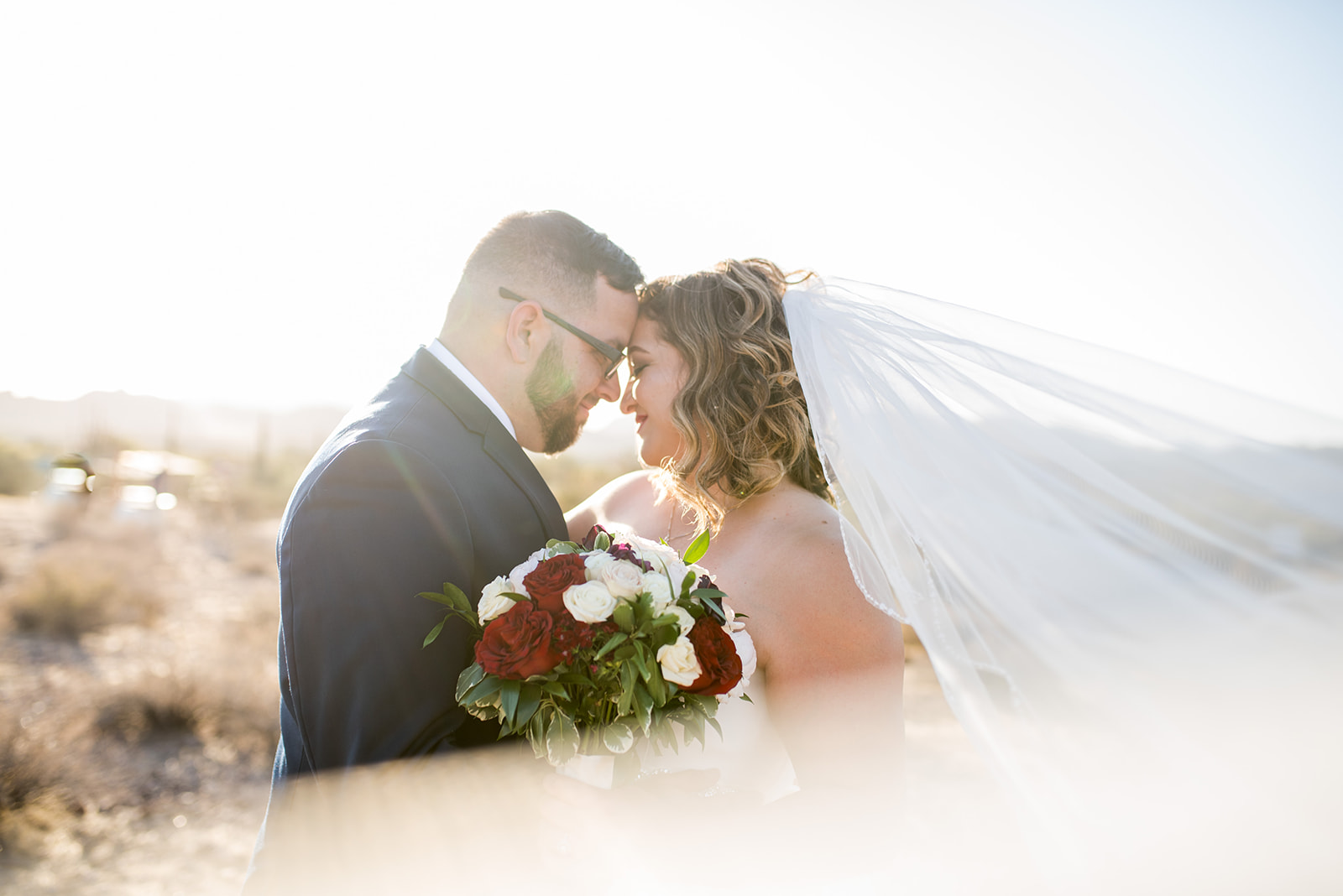 bride and groom touching foreheads with the bride's veil flying Small Wedding Venues Phoenix