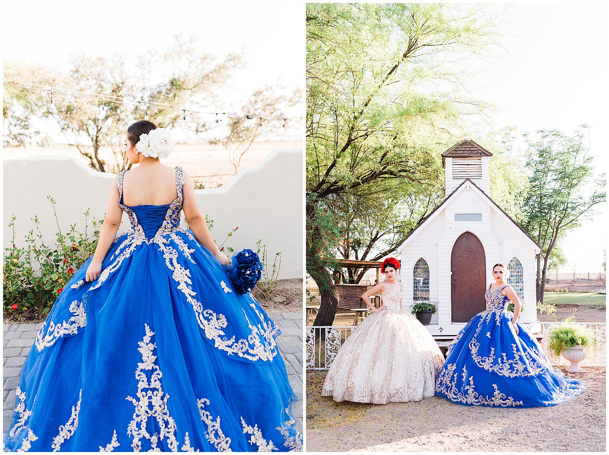 Two woman stand outside a small chapel in a blue embroidered ball gown and white ball gown Phoenix Quinceaneras dresses
