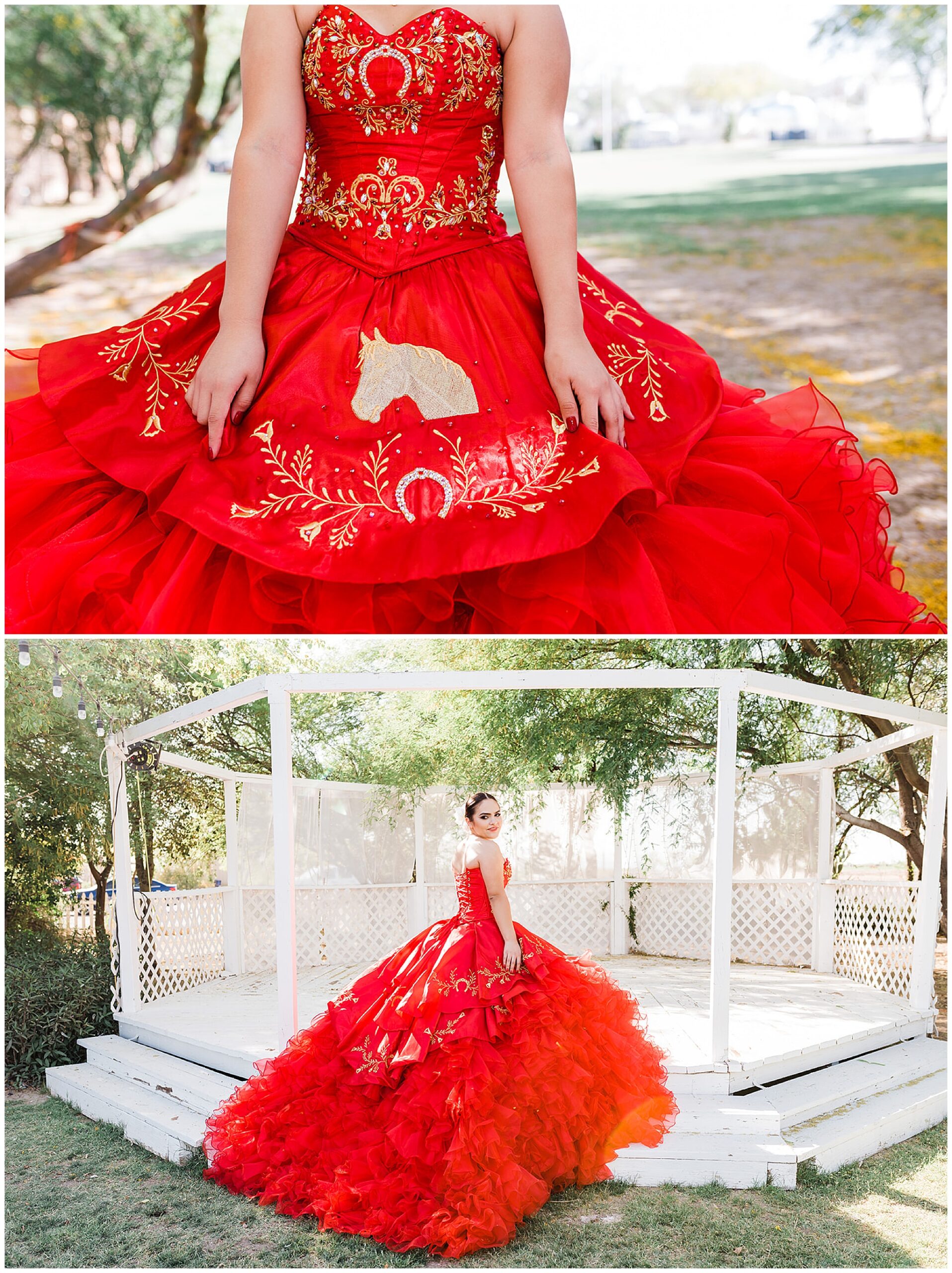 Teenager stands in a field in a red dress with gold horse themed embroidery Phoenix Quinceaneras dresses