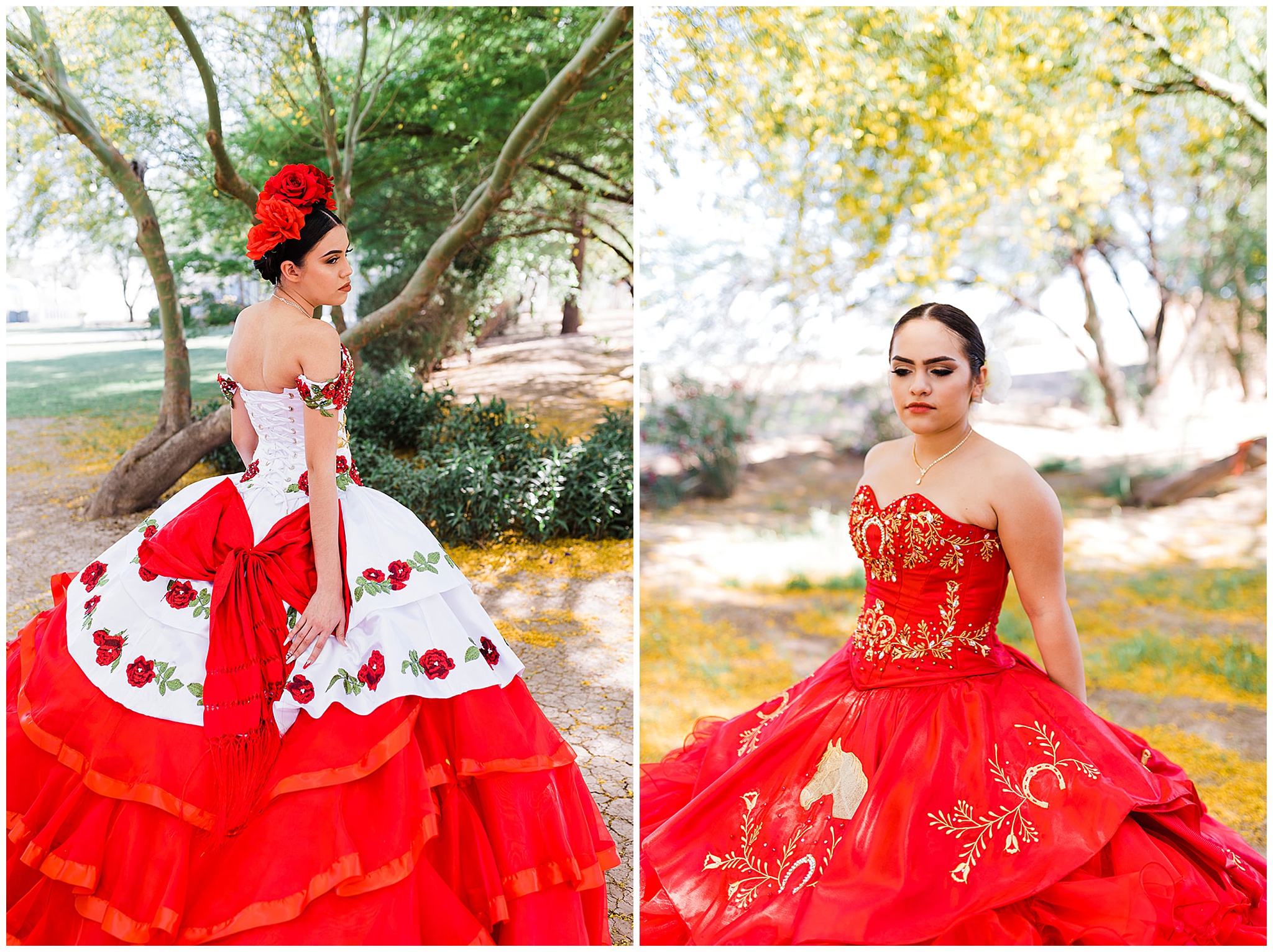 Teenager stands under some desert trees in a red andd gold embroidered ballgown Phoenix Quinceaneras dresses