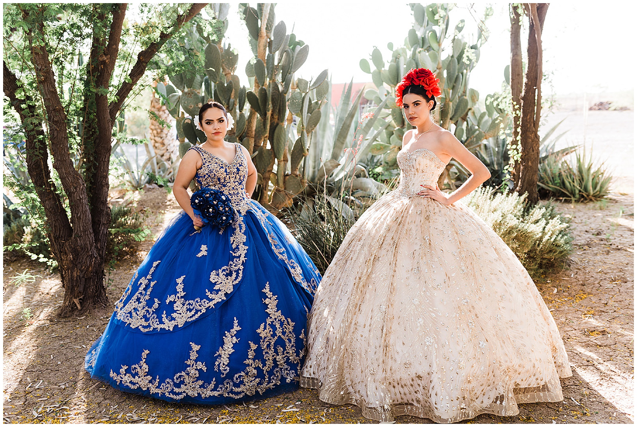 Teenagers stand in a desert garden in ornate blue and gold ball gowns Phoenix Quinceaneras dresses