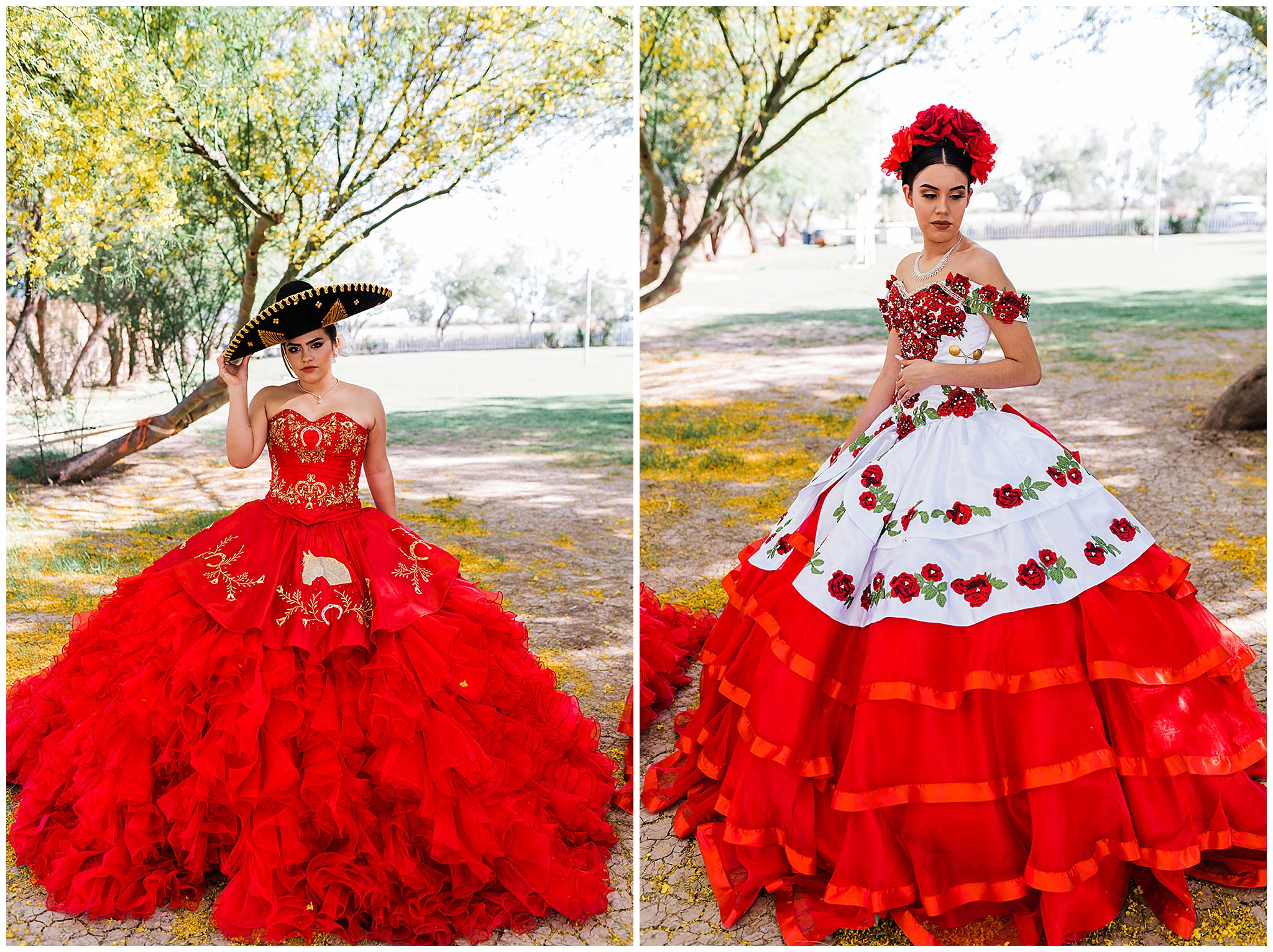 Teenagers stand in large red embroidered ball gowns outside under trees