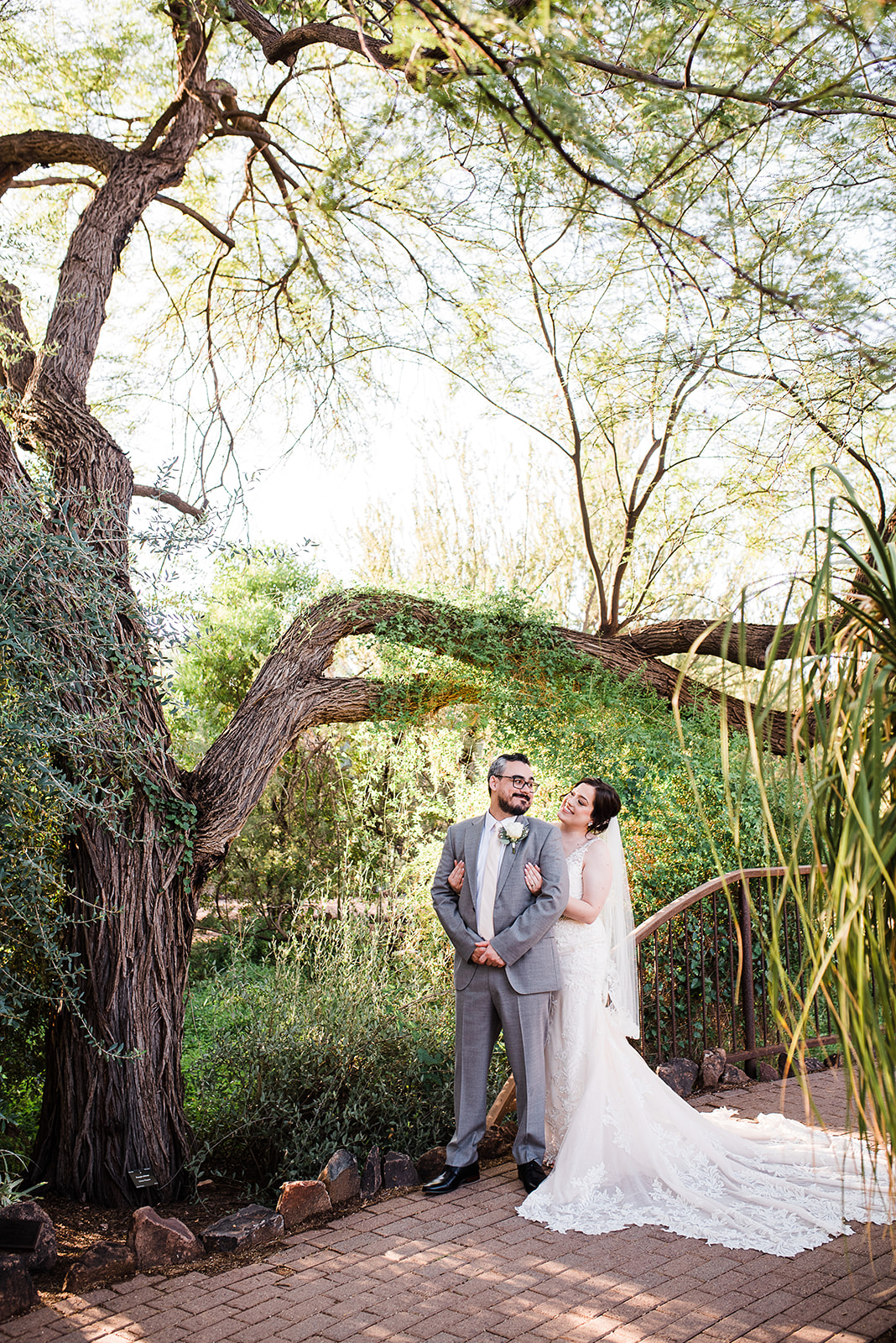 A bride hangs onto the back of her groom in a grey suit under a large old tree in a Phoenix Country Club Weddings garden at sunset